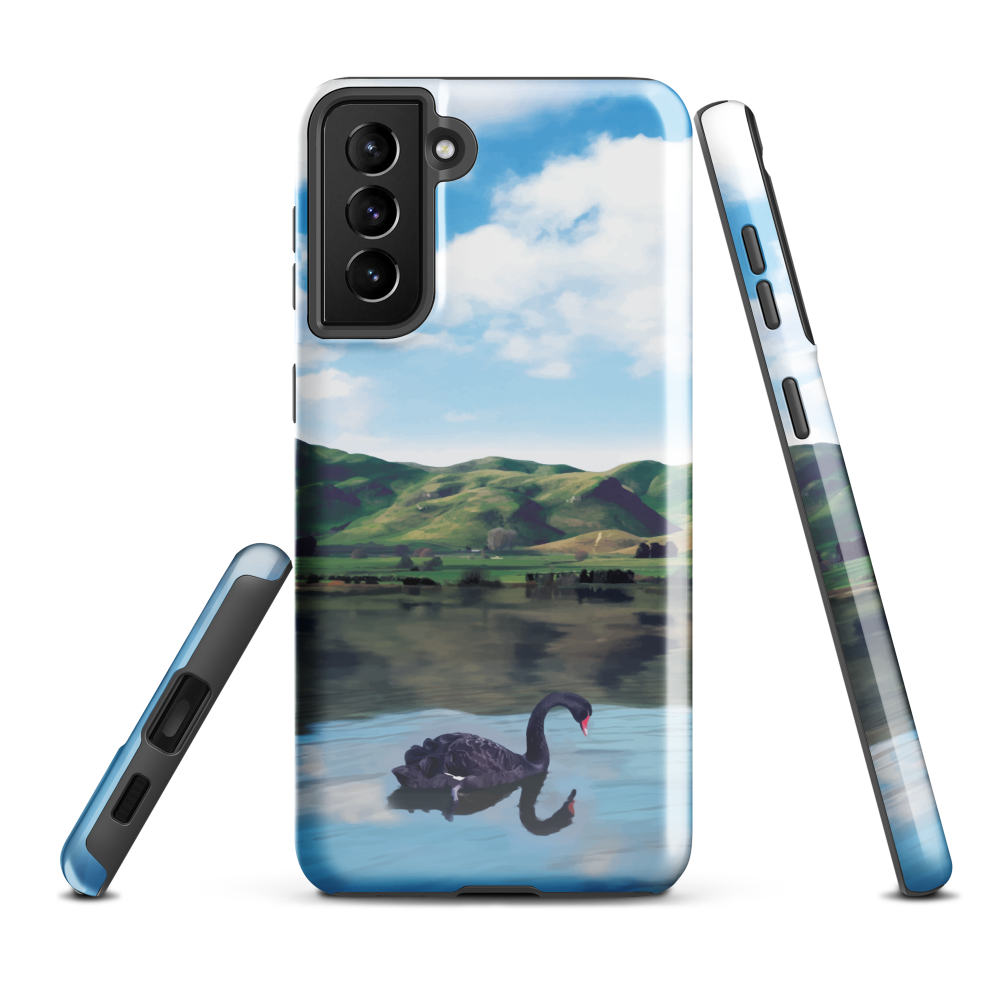 Phone case with a black swan on a calm lake, New Zealand hills in the background. Art by NZ designer Ben Hart.