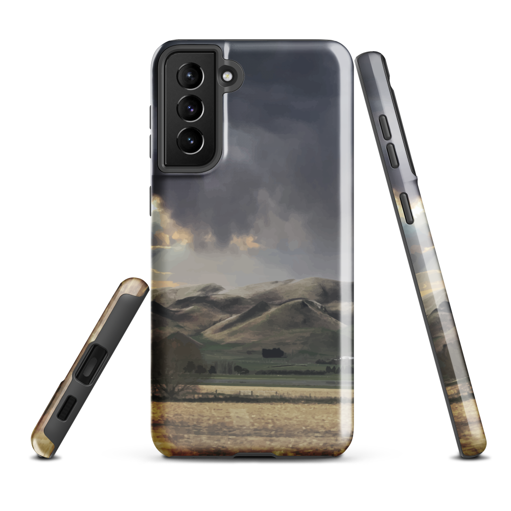 Designer phone case with NZ landscape painting of Te Hauke and cloudy skies by Ben Hart.