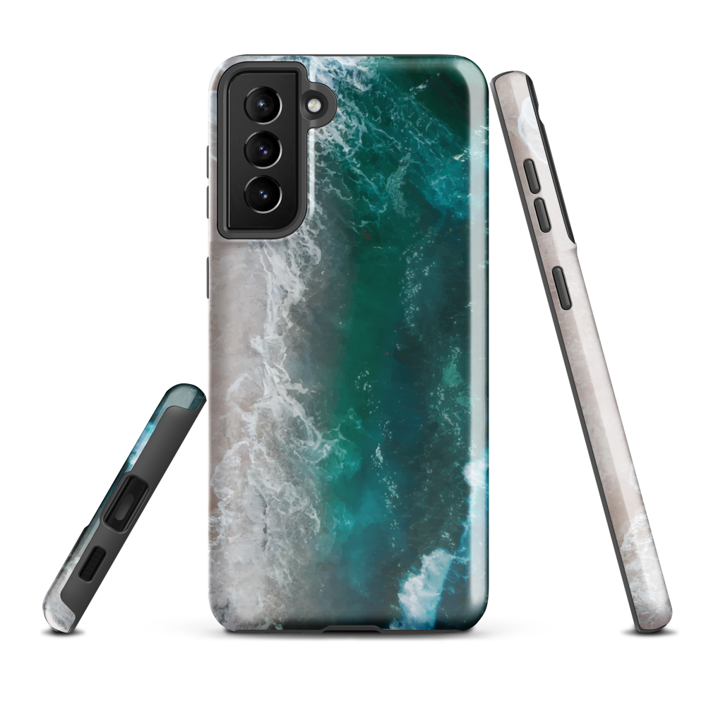 Ocean wave phone case with abstract beach design in teal and white, by NZ artist Ben Hart.