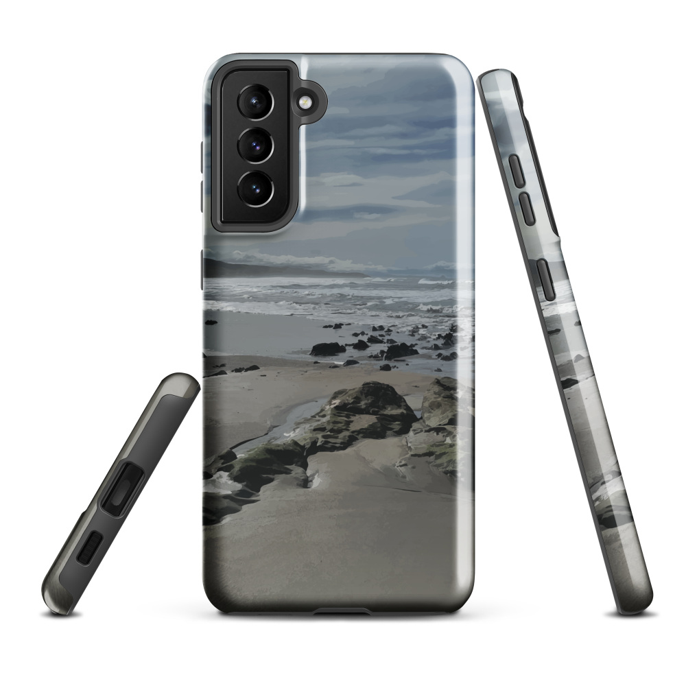 Phone case with artwork of Riversdale Beach, Masterton – rocks, waves and sky by NZ artist Ben Hart.