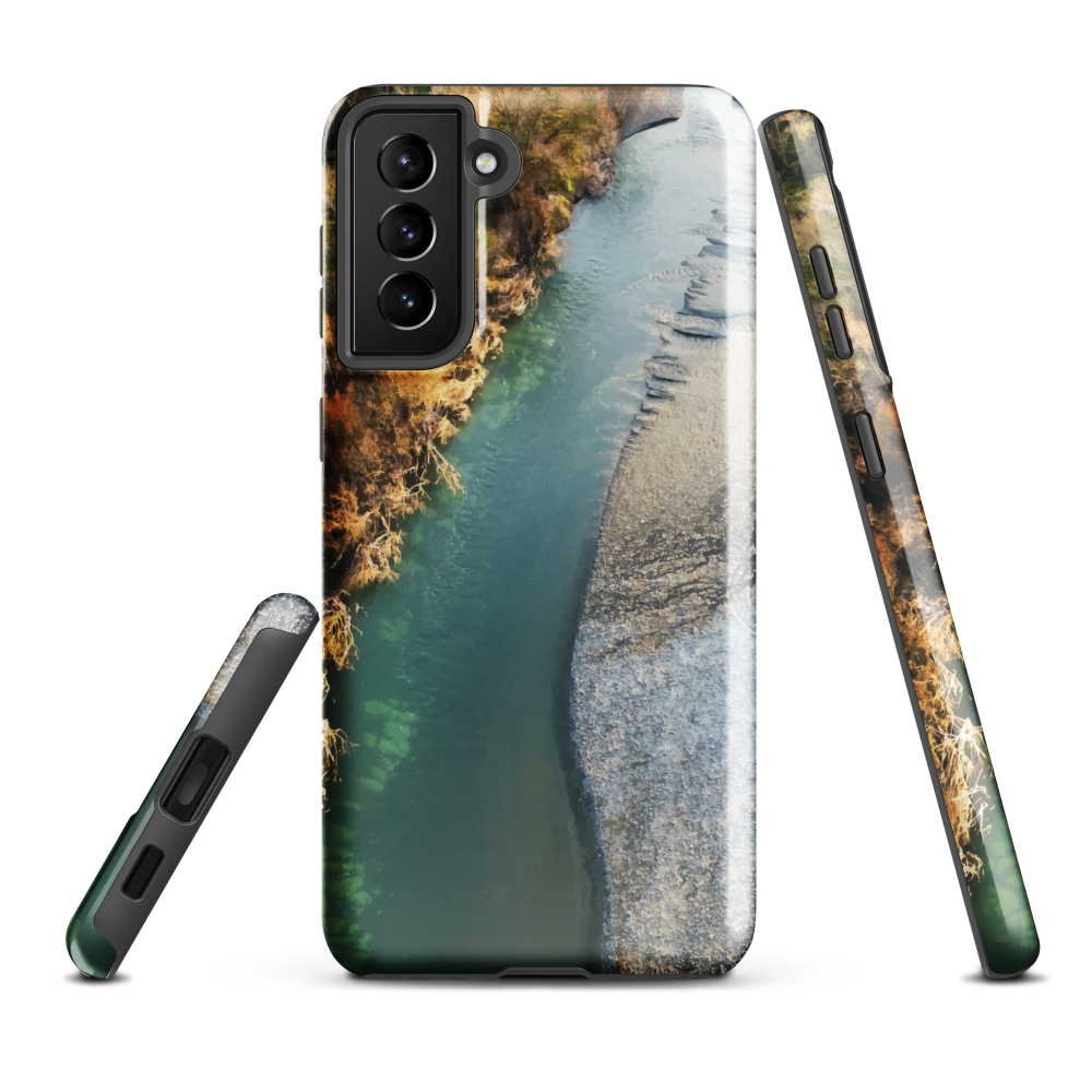 Phone case with aerial riverbend artwork and earthy tones, designed by New Zealand artist Ben Hart.
