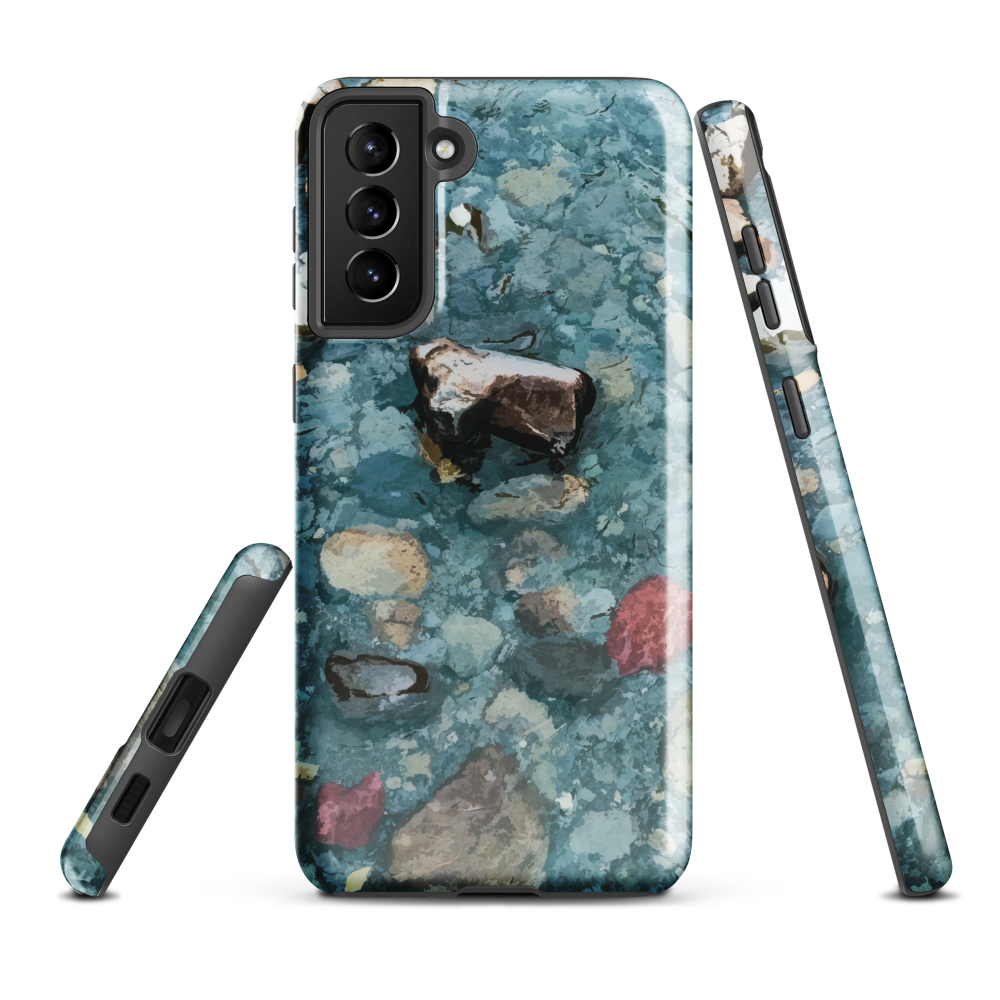Washed Away designer phone case with abstract river stone artwork in earthy blues and natural tones.