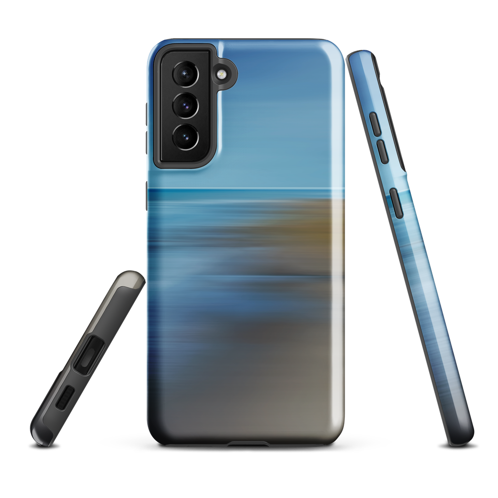 Ocean Breeze phone case with abstract blue and sandy tones inspired by sea and sky.