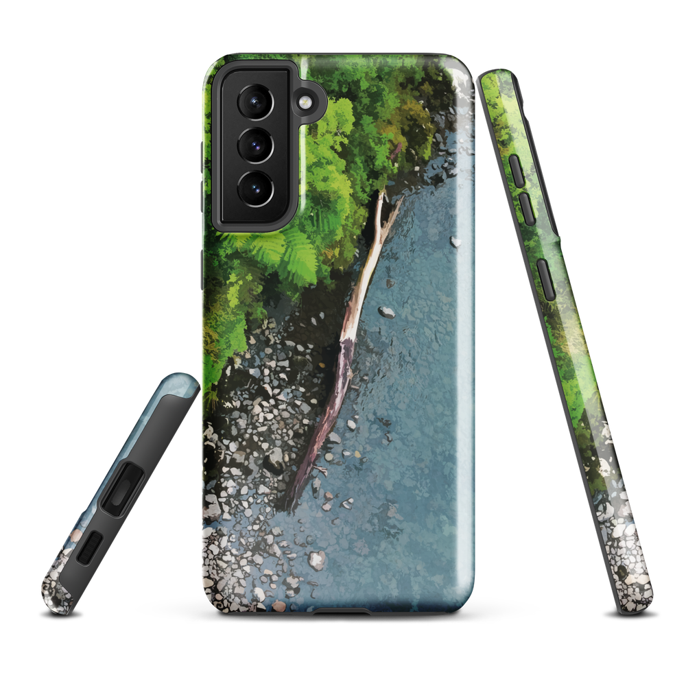 Resting Place phone case with aerial artwork of river rocks, green bush, and driftwood in a New Zealand stream.
