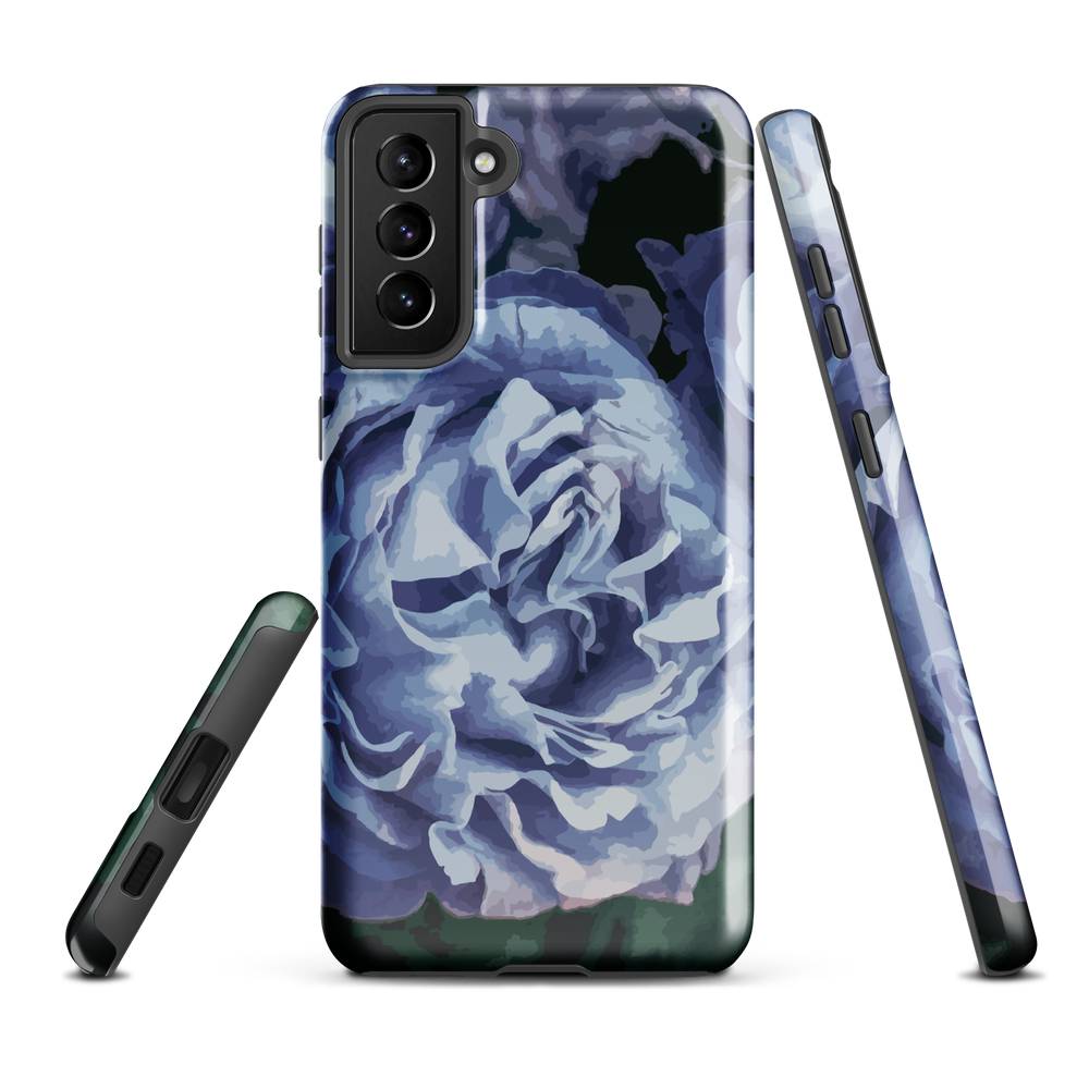 Designer phone case with a bold blue rose artwork and glossy finish.