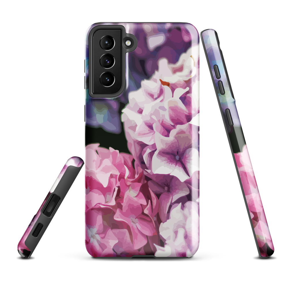 Designer phone case with pink and purple hydrangea floral artwork.