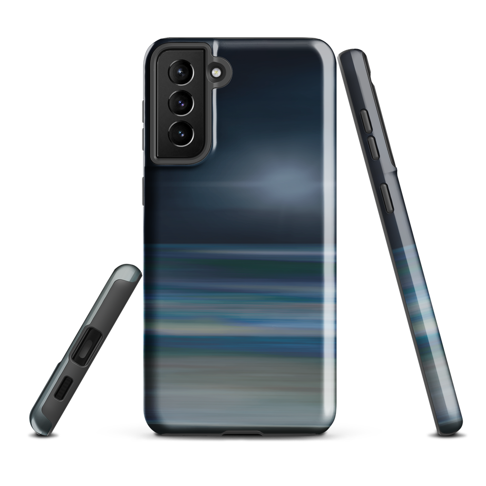 Dark abstract phone case with blue and grey streaks and glossy finish.