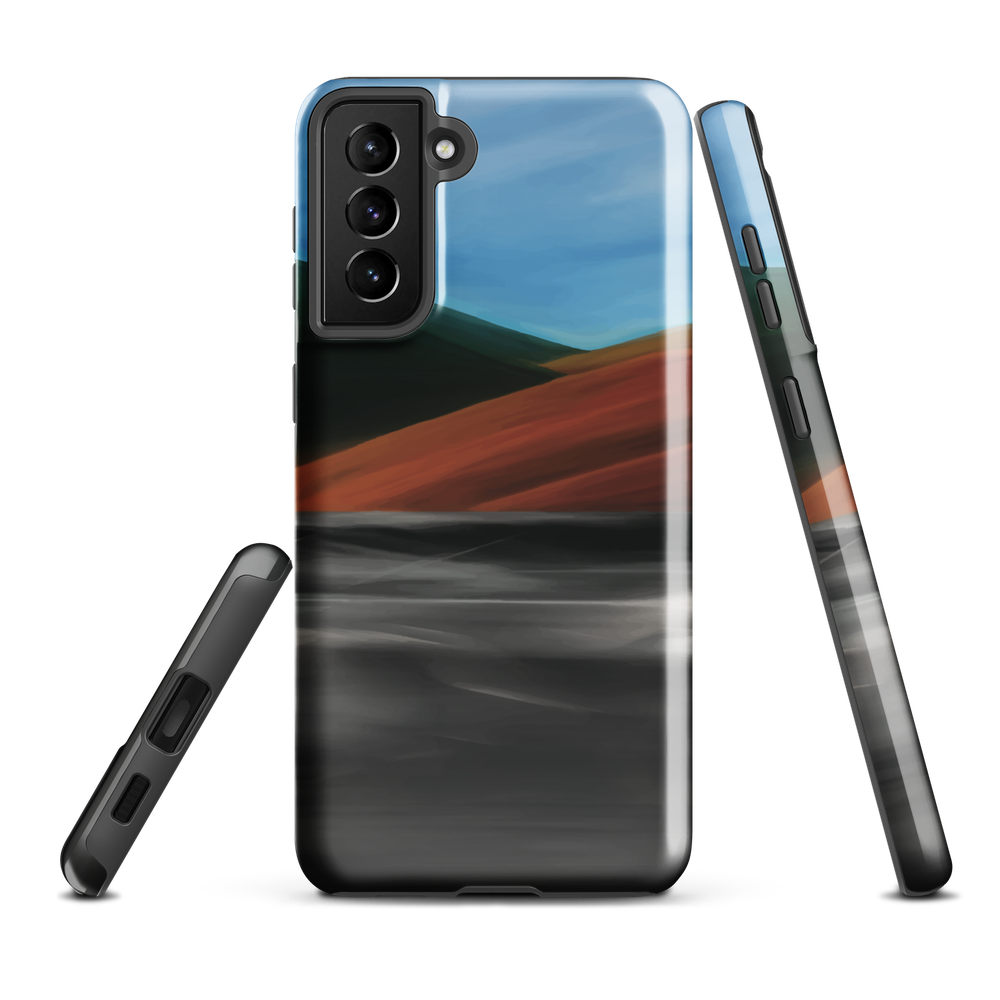 Phone case with abstract red, green, and blue heat wave landscape design.