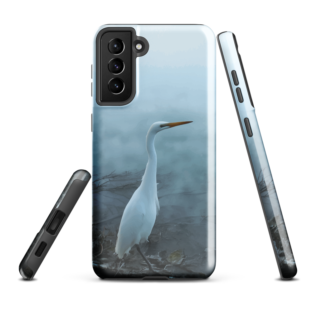Phone case with a white heron standing in a misty wetland scene.