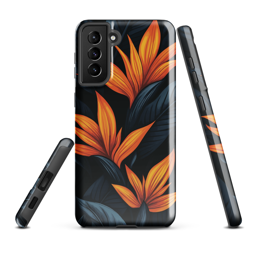 Phone case with bold orange bird of paradise flowers on dark background.