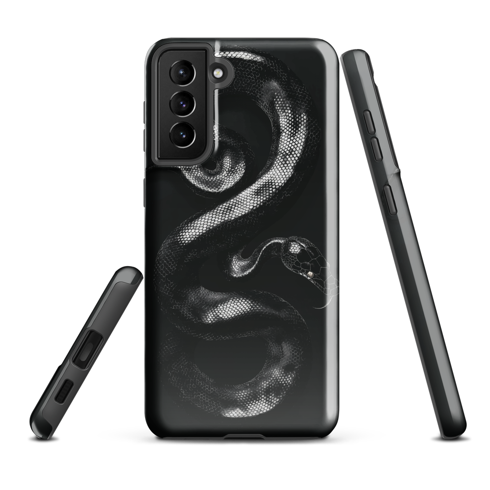 Phone case with detailed black python design on dark background.