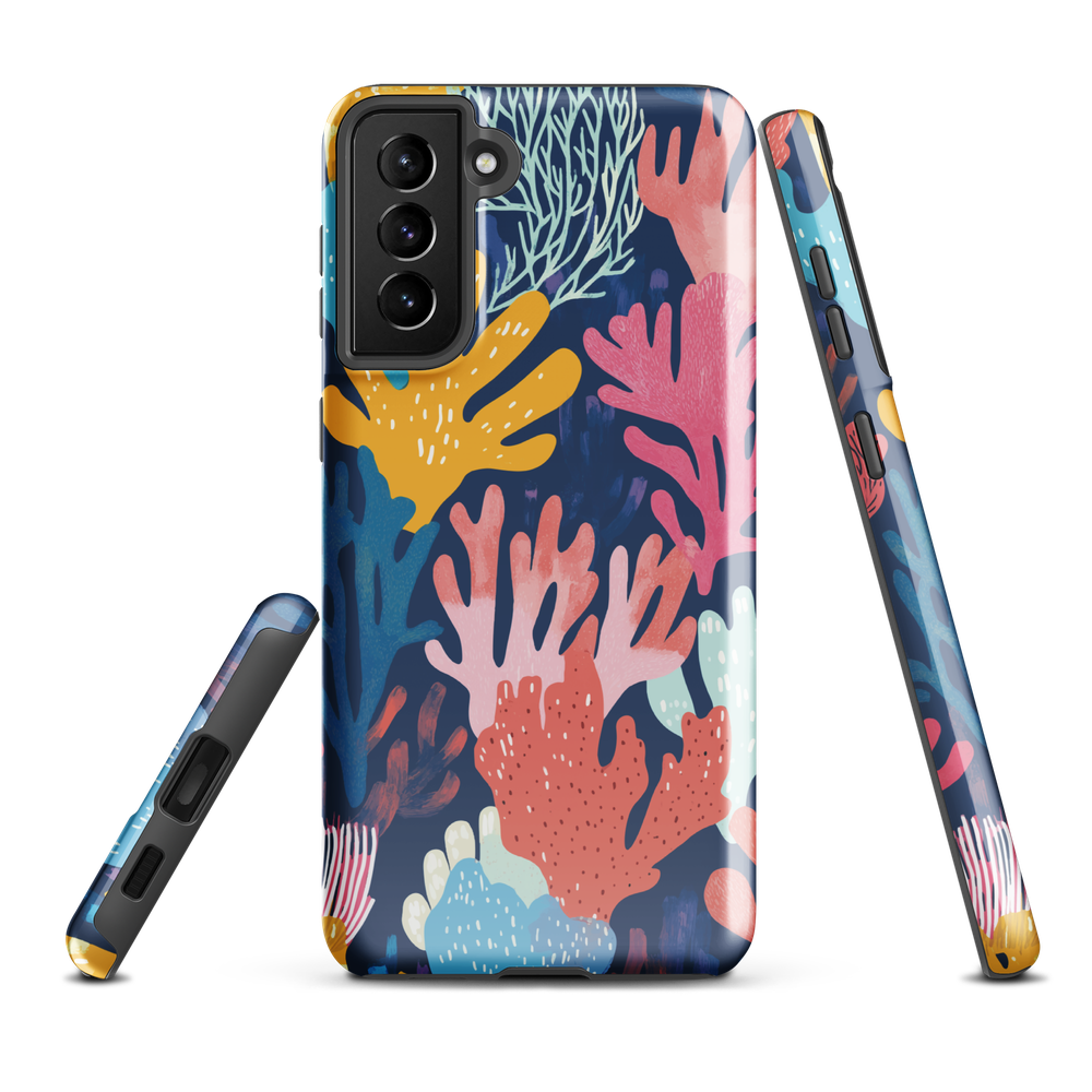 Colourful coral reef phone case design in pink, blue and yellow by NZ artist Ben Hart