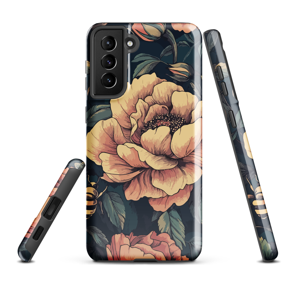 Phone case with vintage-style pink roses and bees on dark background, floral New Zealand artwork.