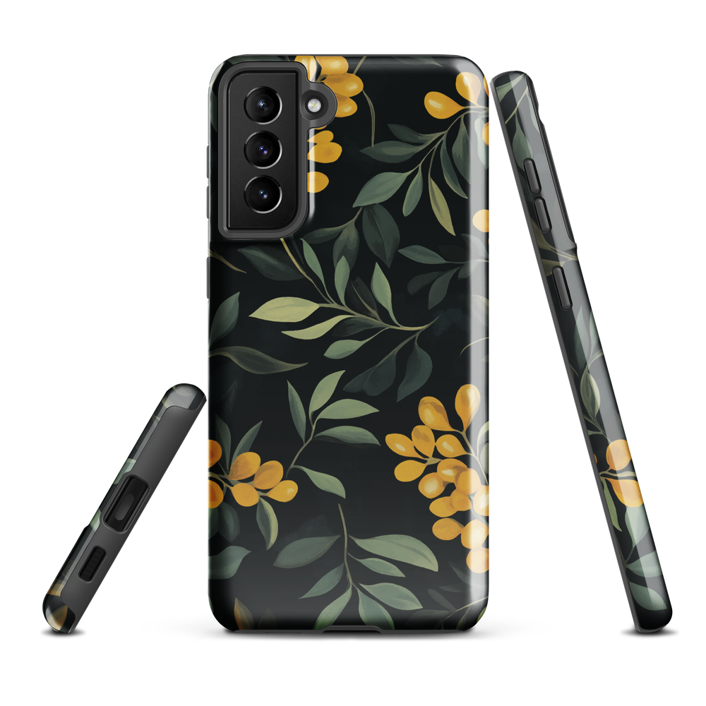NZ Kowhai phone case with native yellow floral and green leaves on black background by designer Ben Hart.