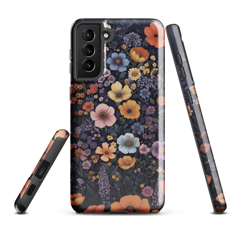 Phone case with colourful wildflowers on dark background, floral art design