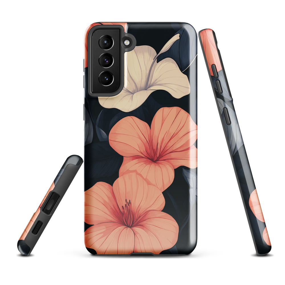 Phone case with coral hibiscus flowers and ivory blooms on dark background