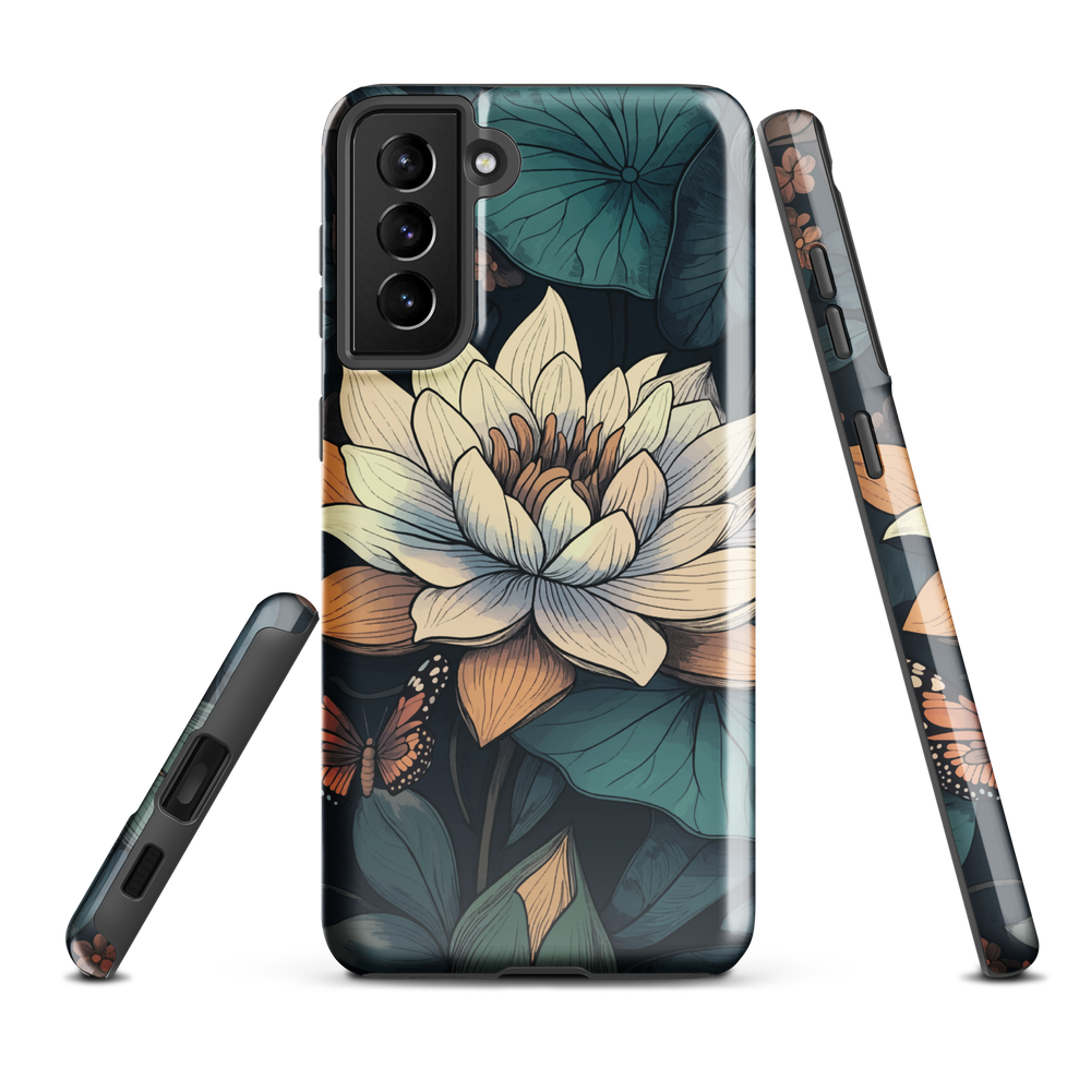 Phone case with ivory water lily, green leaves, and butterfly accents on dark background