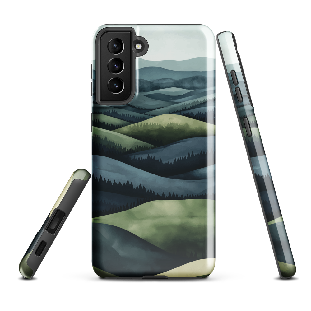 Phone case with layered mountain and forest landscape in blue and green hues