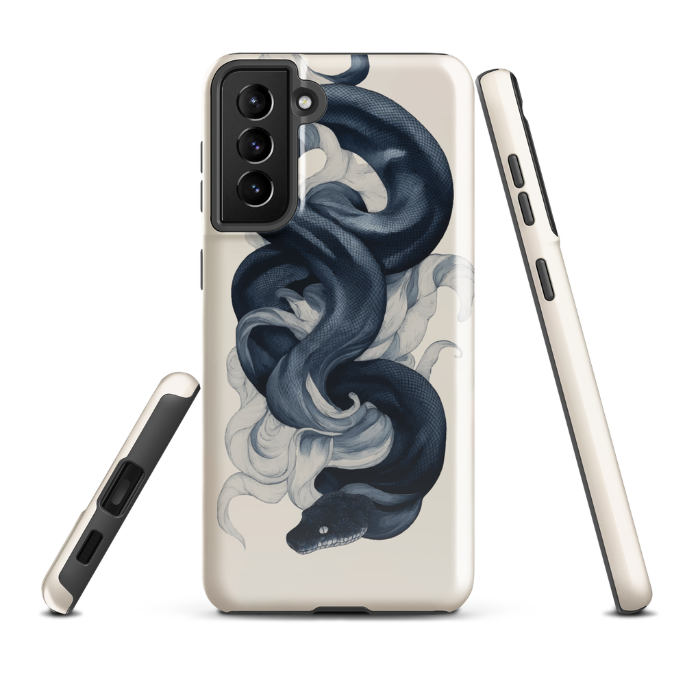 Phone case with black python and smoke design on cream background, serpent art by NZ artist Ben Hart.