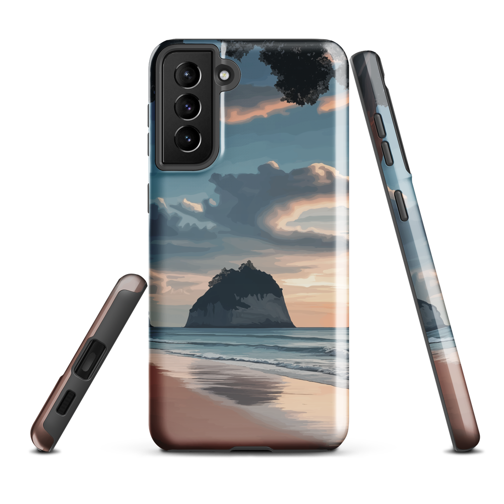 Phone case with Cathedral Cove beach and sunset scene, featuring soft skies and sea stack, by NZ artist Ben Hart.