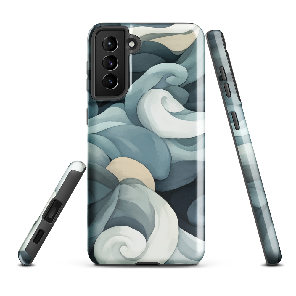 Phone case with abstract swirling ocean waves in blue and cream