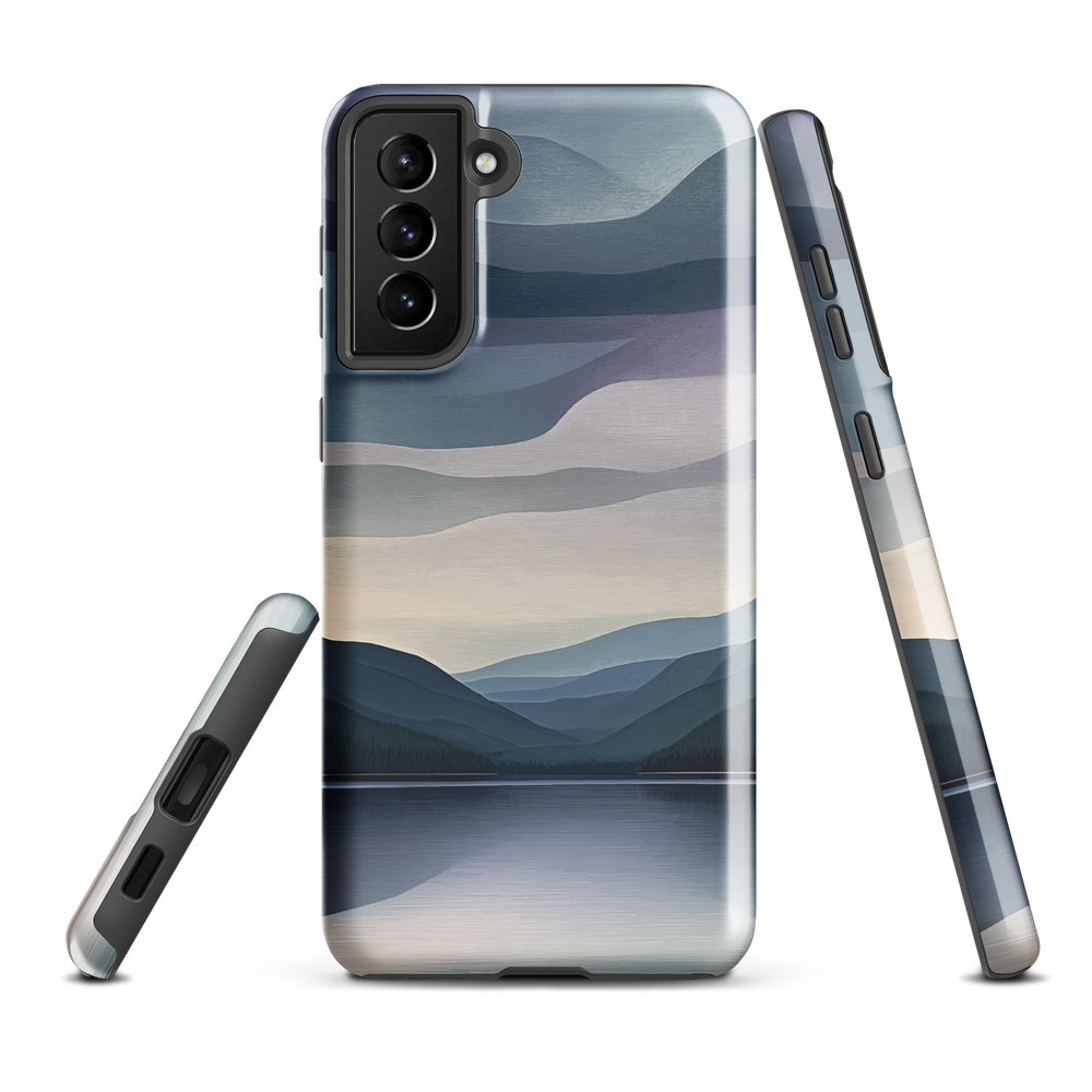 Phone case with moody blue and purple layered mountain and lake landscape artwork