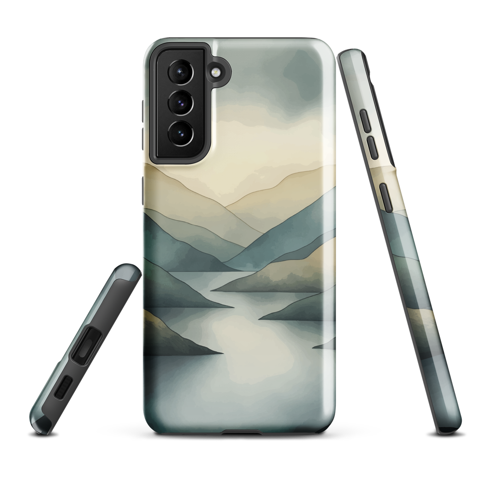 Phone case with soft mountain and valley design in misty green, blue, and golden tones