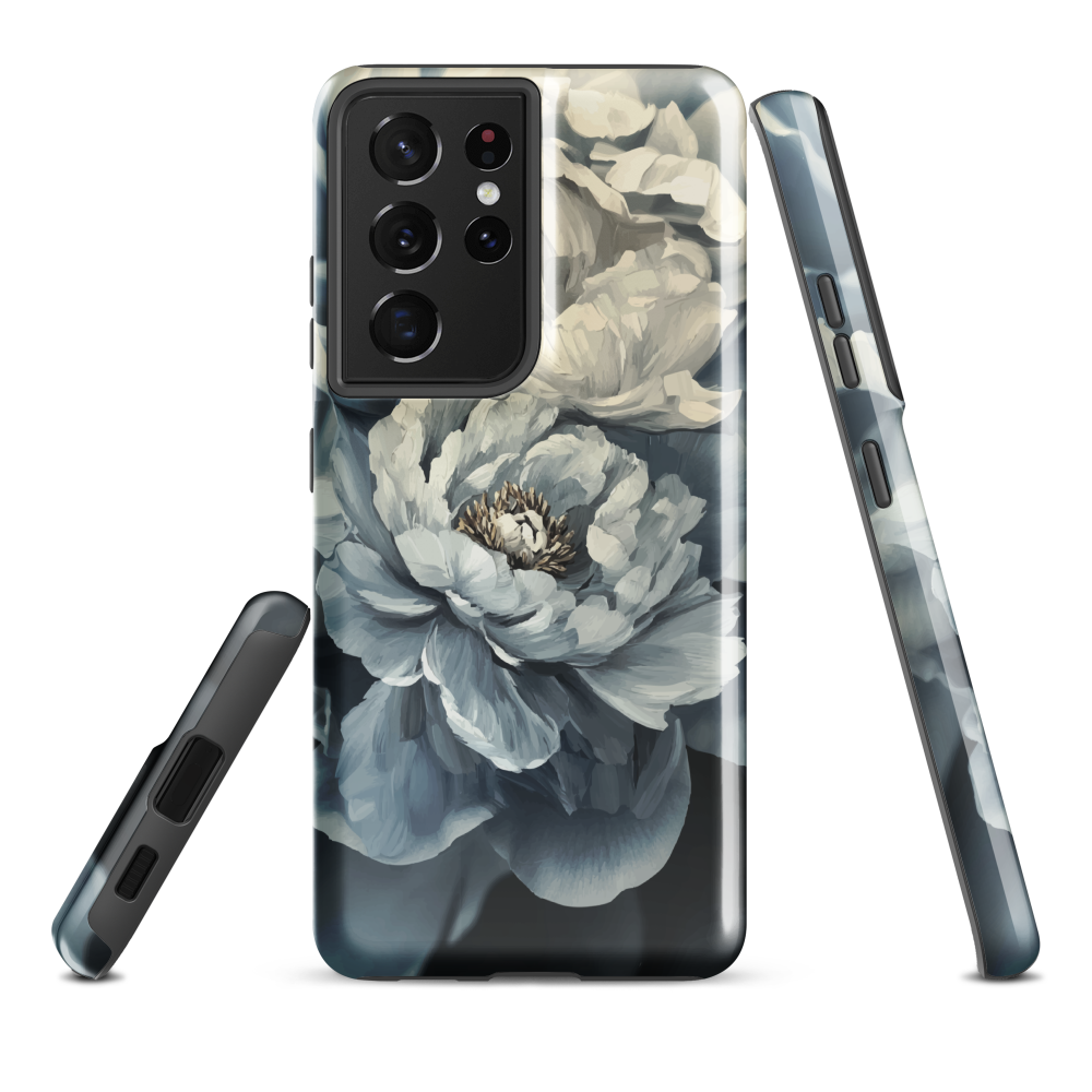 'Whisper' Samsung case features a stunning close-up of softly painted peony blooms in dreamy shades of ivory, grey, and smoky blue.