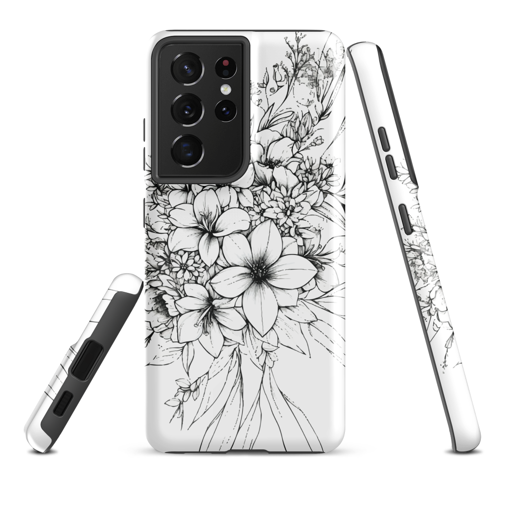 Black and white floral phone case with hand-drawn lilies and wildflowers
