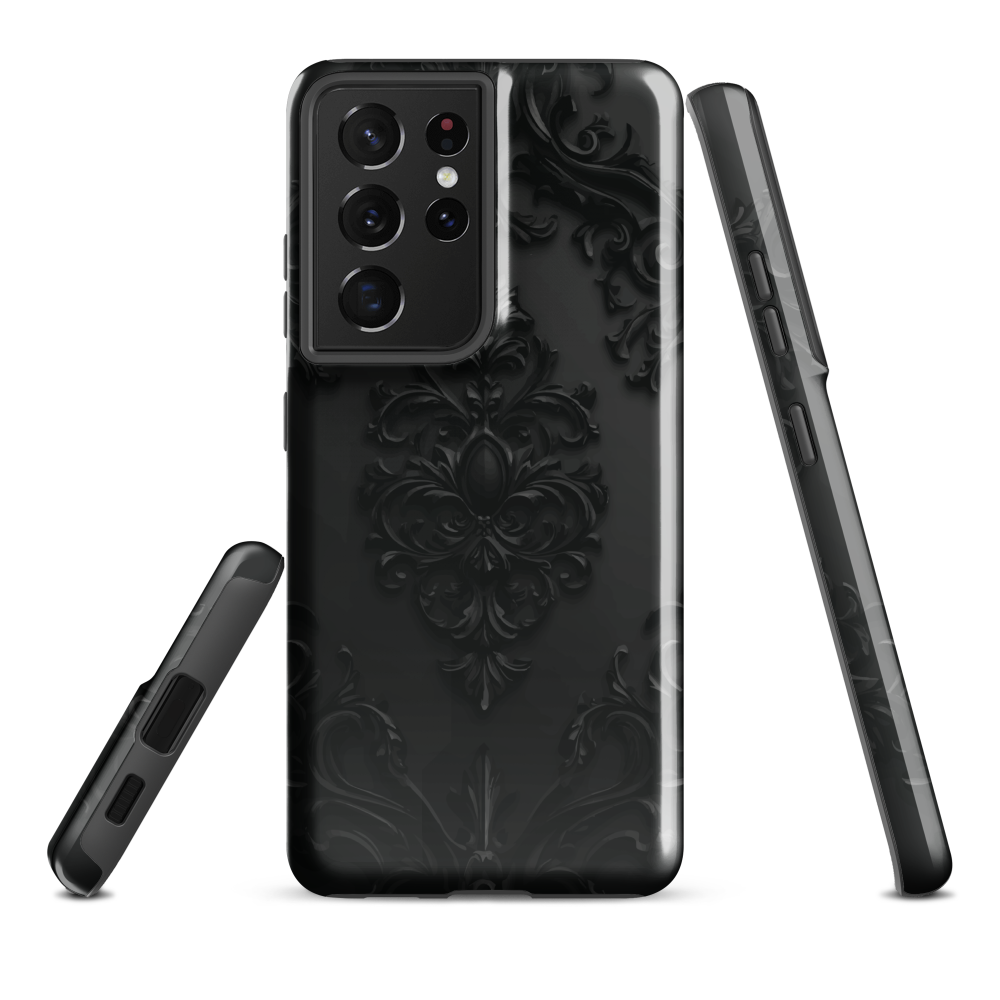 Black embossed damask phone case with gothic baroque pattern.