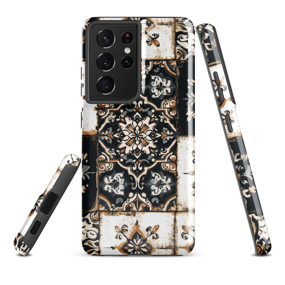 Moroccan tile pattern phone case in black, white, and gold tones with vintage-inspired design.