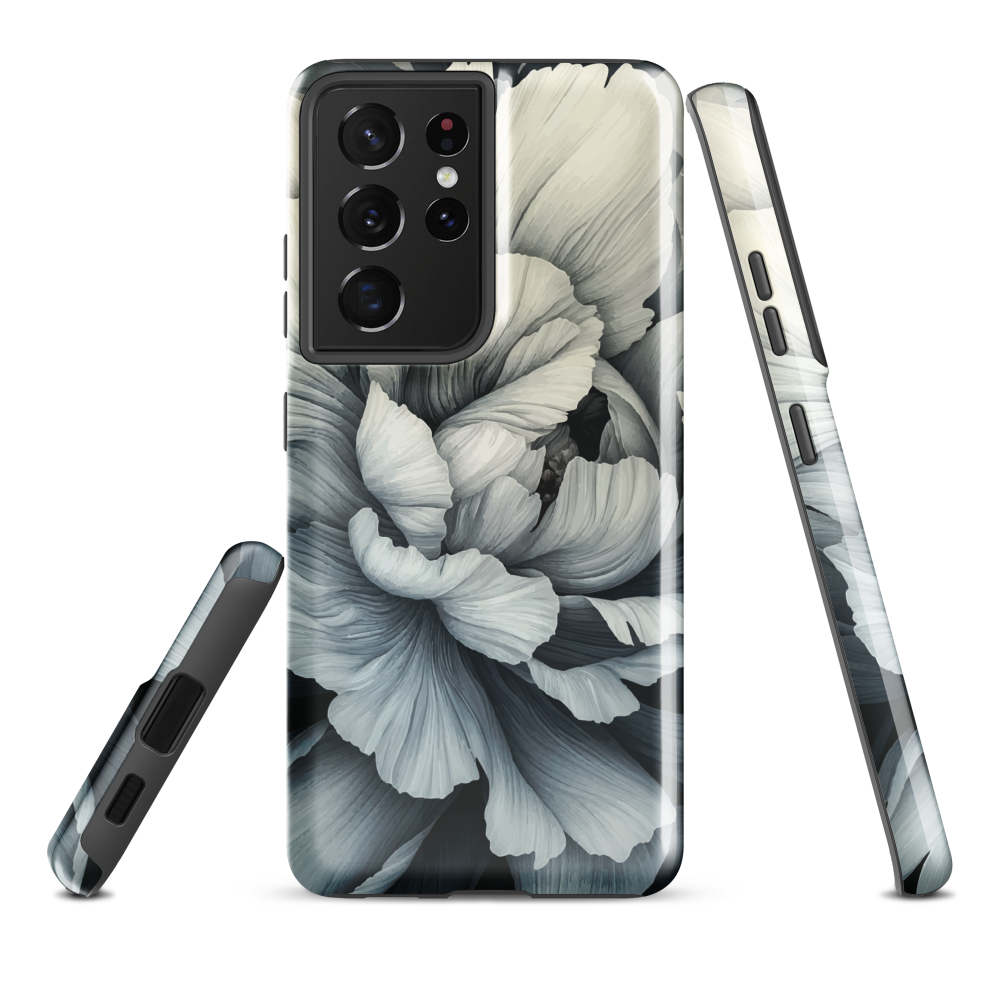 Black and white floral phone case featuring a soft, moody peony design by New Zealand artist Ben Hart.