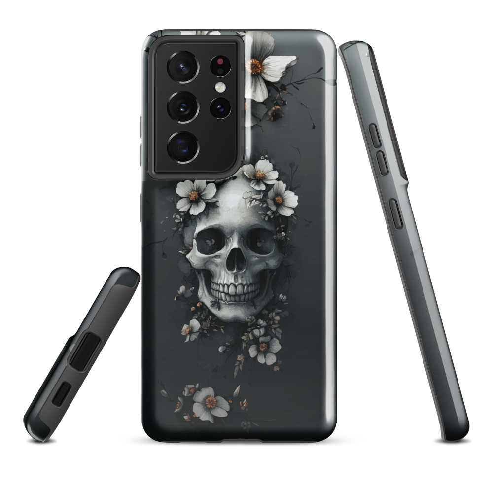 Gothic phone case with a floral skull design in grey tones, featuring white blossoms and dark detailing.