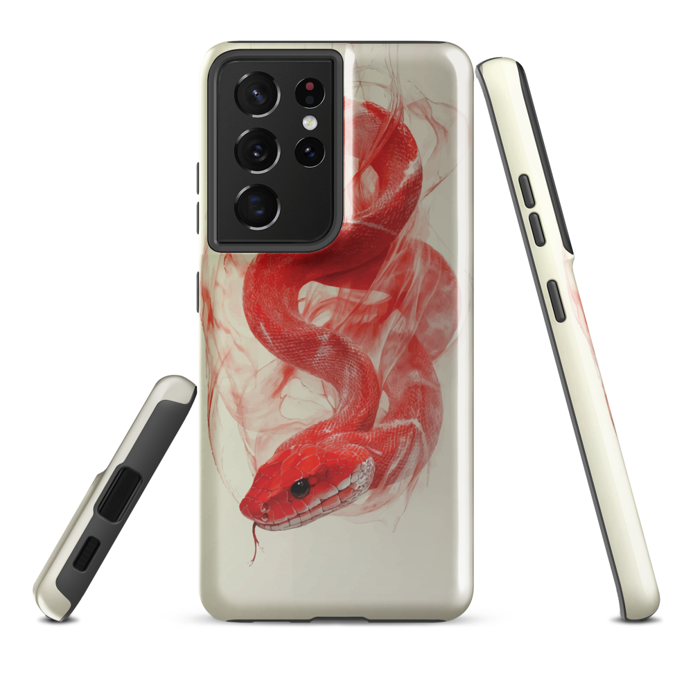 Phone case with red snake design on a cream background, coiled in smoky detail. Bold artwork by NZ designer Ben Hart.