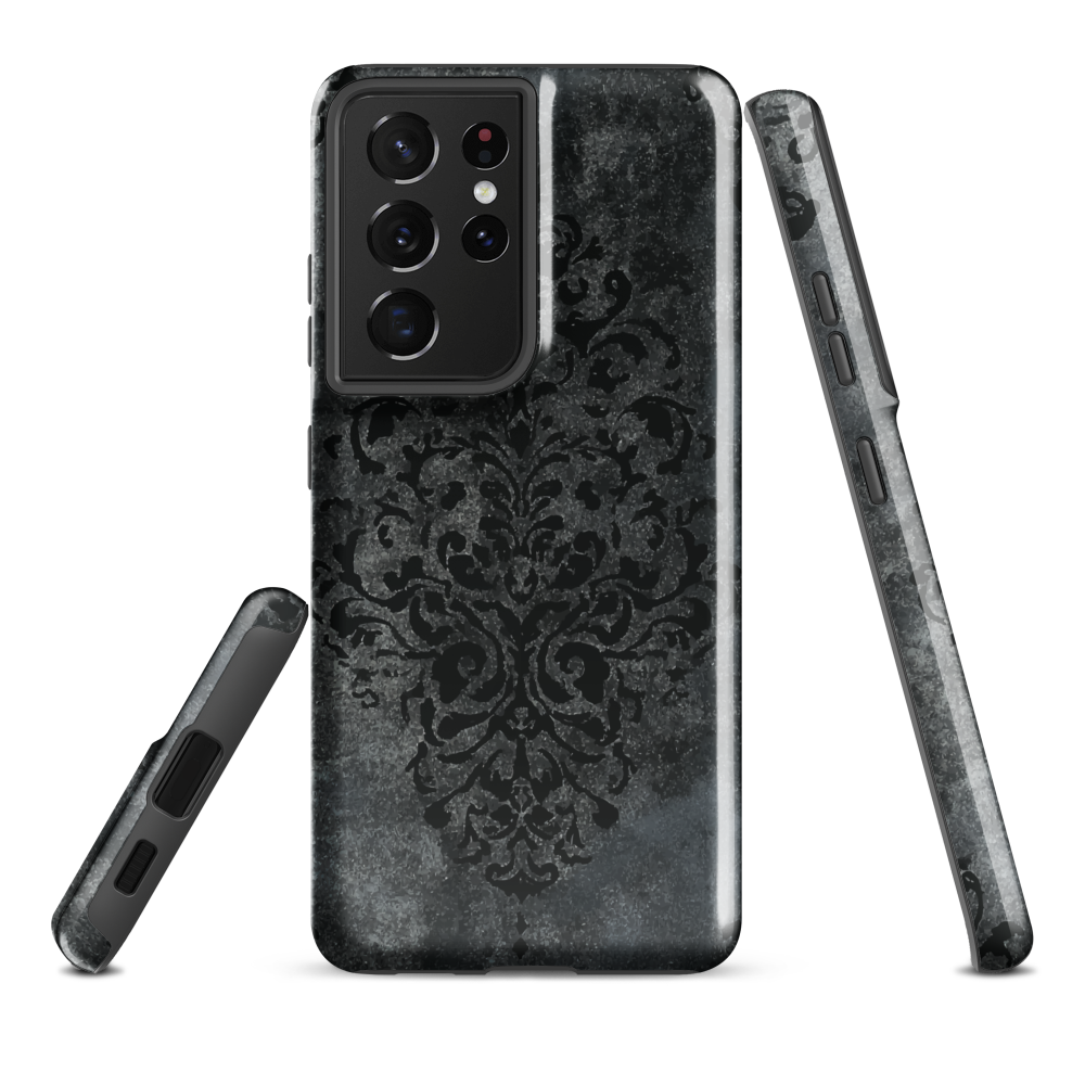 Dark damask patterned phone case with a vintage gothic aesthetic and textured stone background.