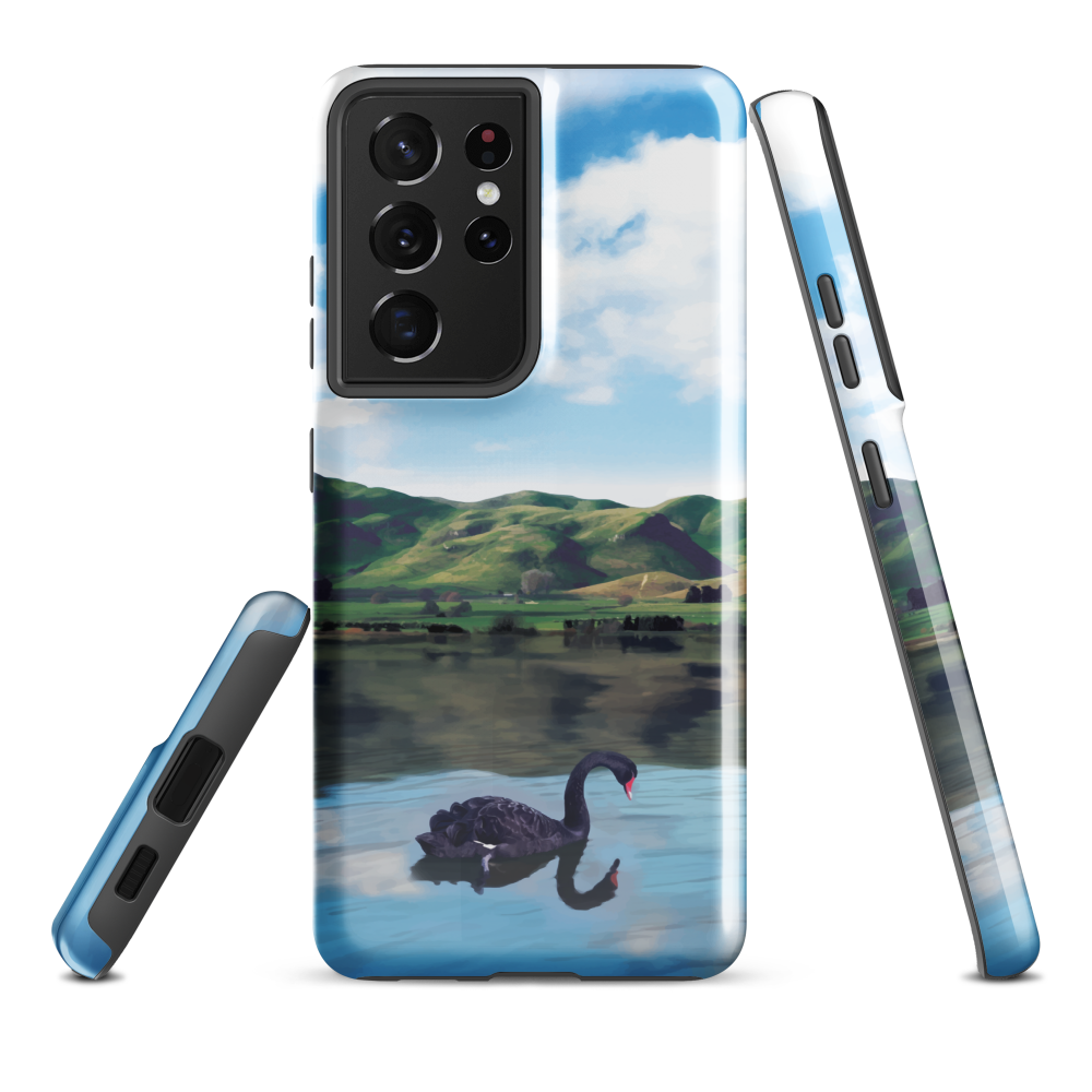 Phone case with a black swan on a calm lake, New Zealand hills in the background. Art by NZ designer Ben Hart.