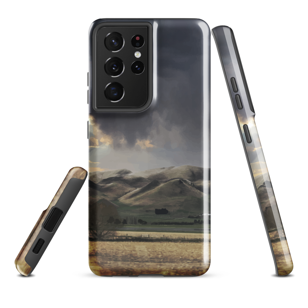 Designer phone case with NZ landscape painting of Te Hauke and cloudy skies by Ben Hart.