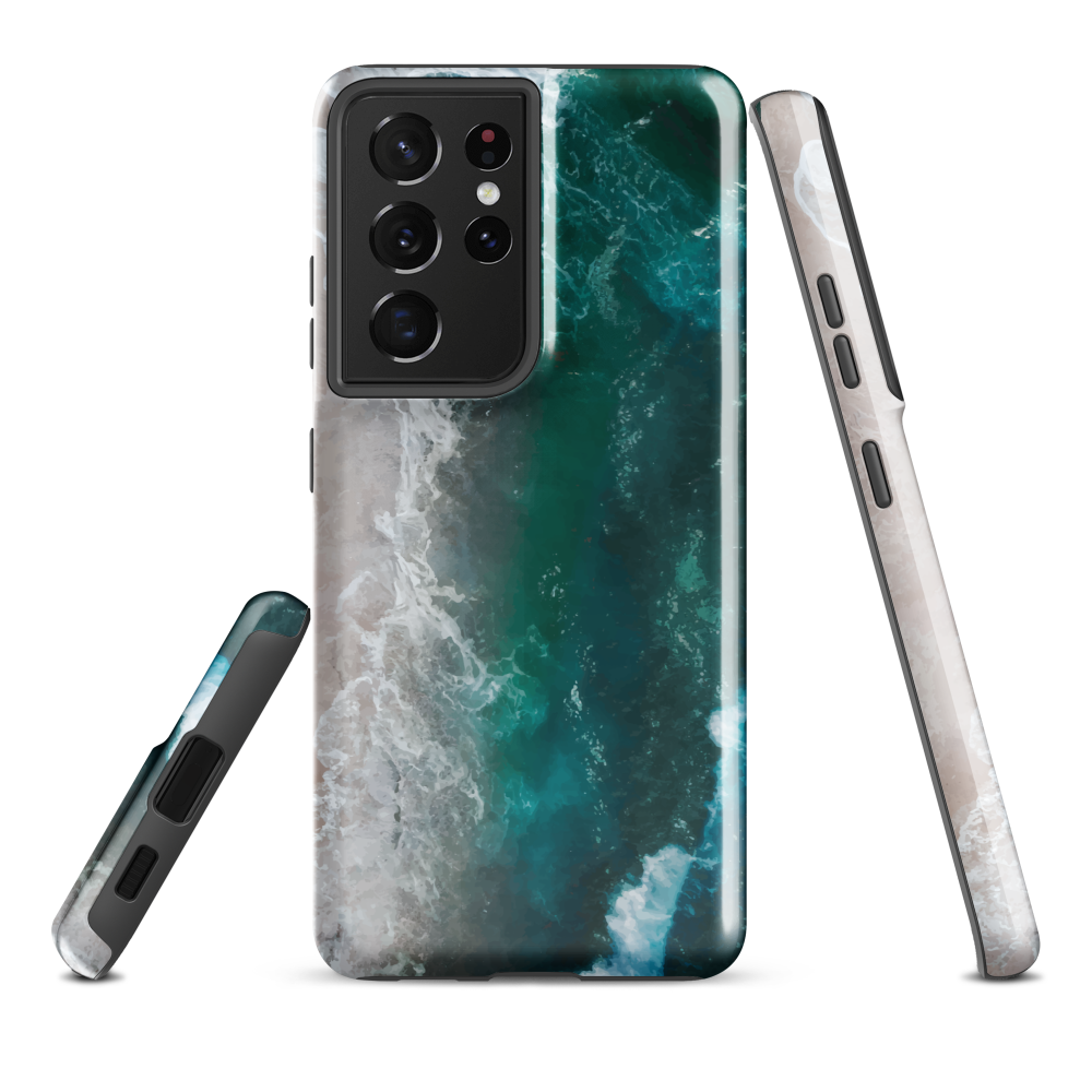Ocean wave phone case with abstract beach design in teal and white, by NZ artist Ben Hart.