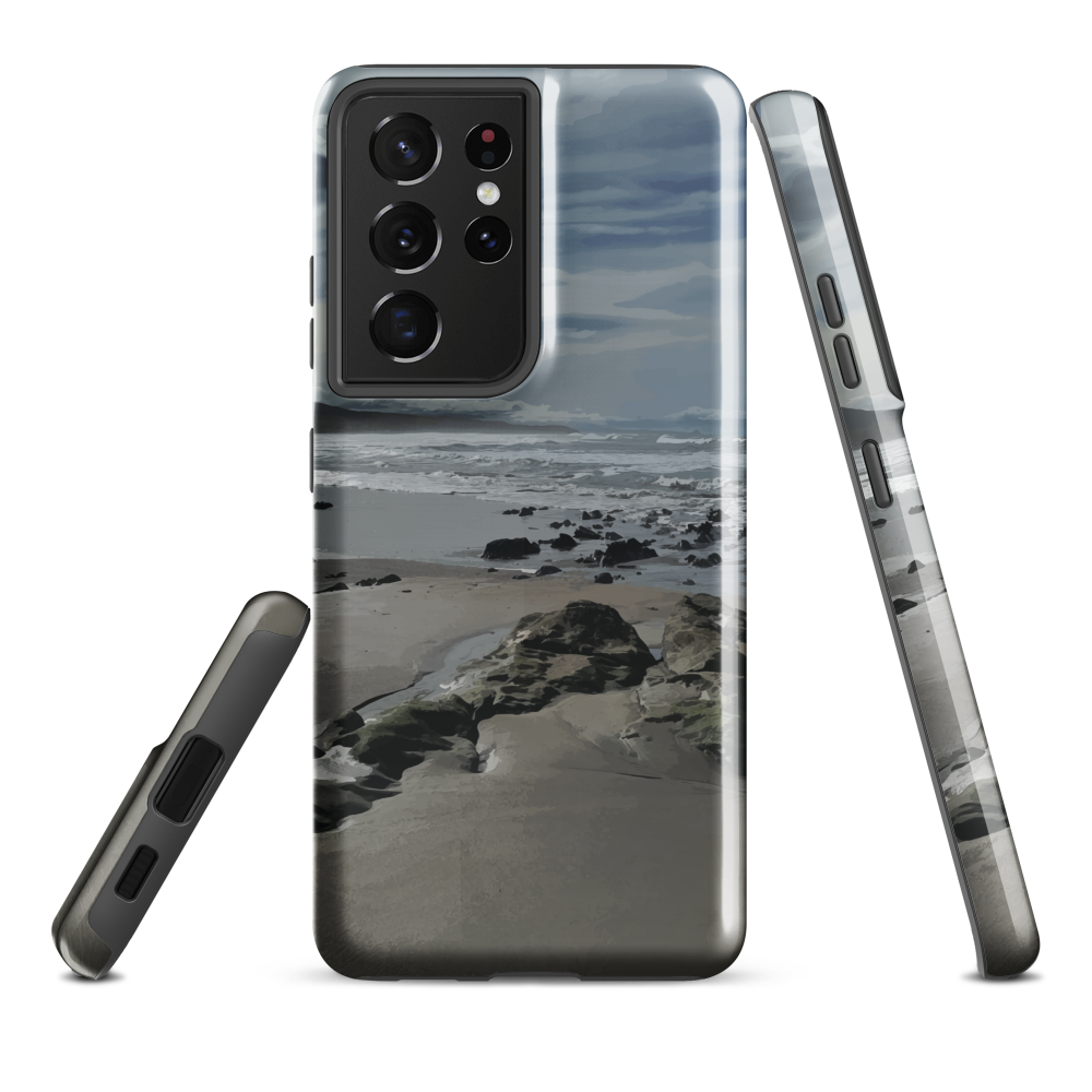 Phone case with artwork of Riversdale Beach, Masterton – rocks, waves and sky by NZ artist Ben Hart.