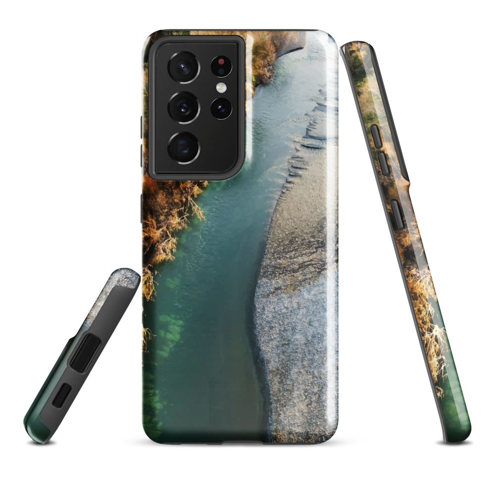 Phone case with aerial riverbend artwork and earthy tones, designed by New Zealand artist Ben Hart.