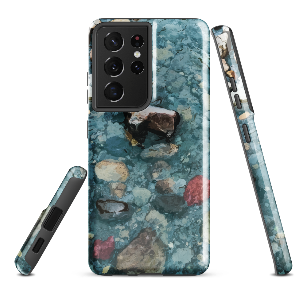 Washed Away designer phone case with abstract river stone artwork in earthy blues and natural tones.