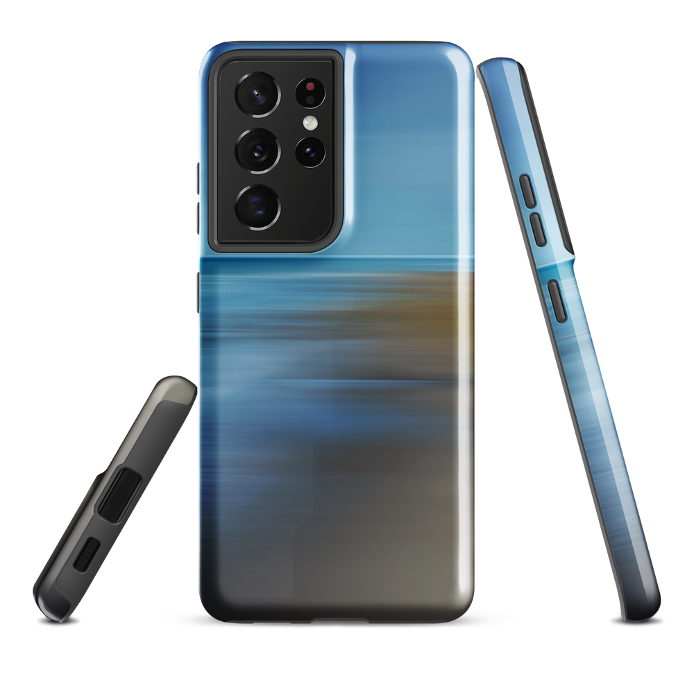 Ocean Breeze phone case with abstract blue and sandy tones inspired by sea and sky.
