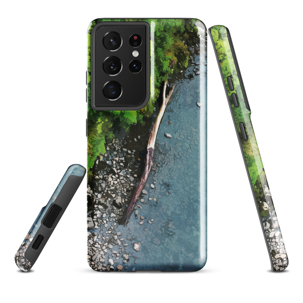 Resting Place phone case with aerial artwork of river rocks, green bush, and driftwood in a New Zealand stream.