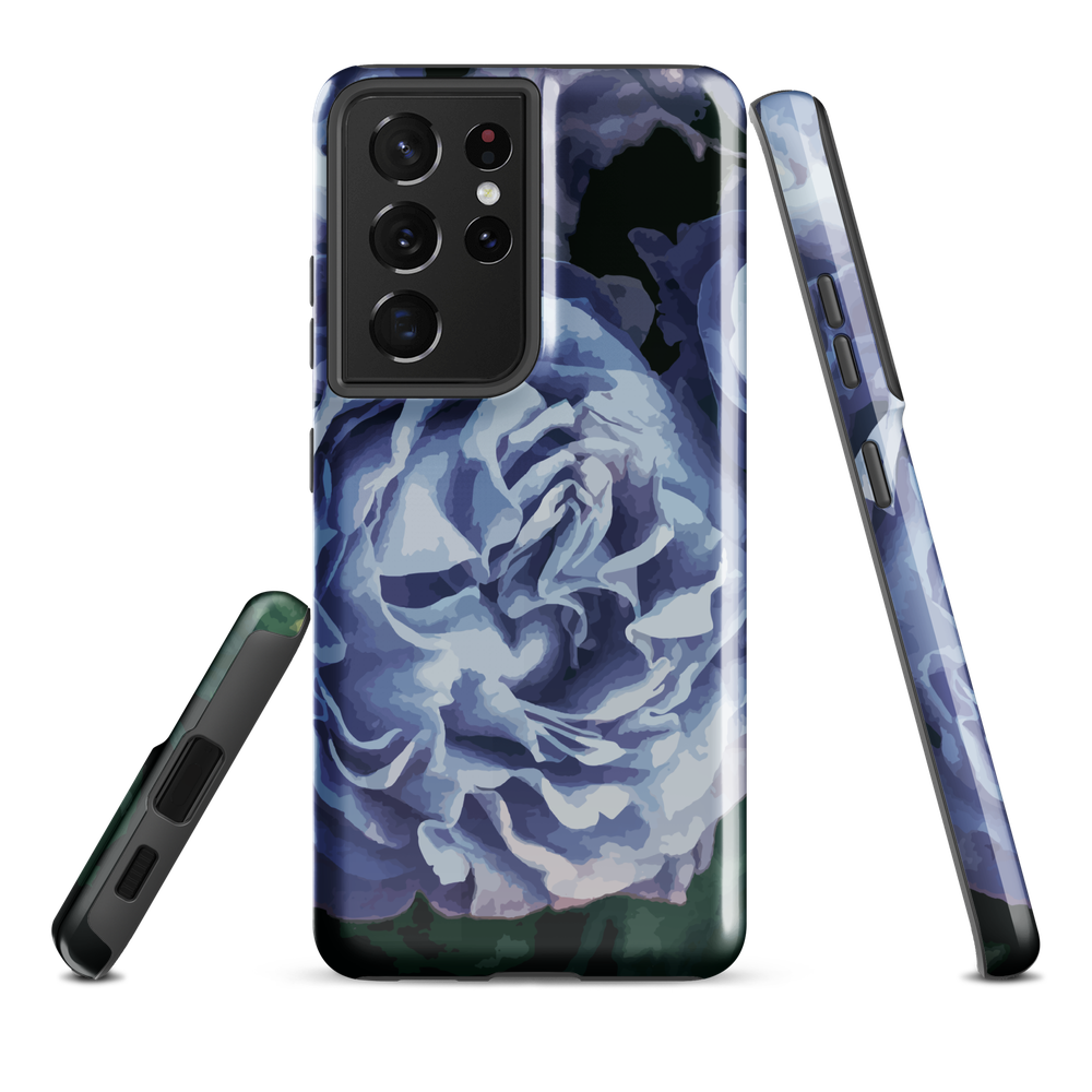 Designer phone case with a bold blue rose artwork and glossy finish.