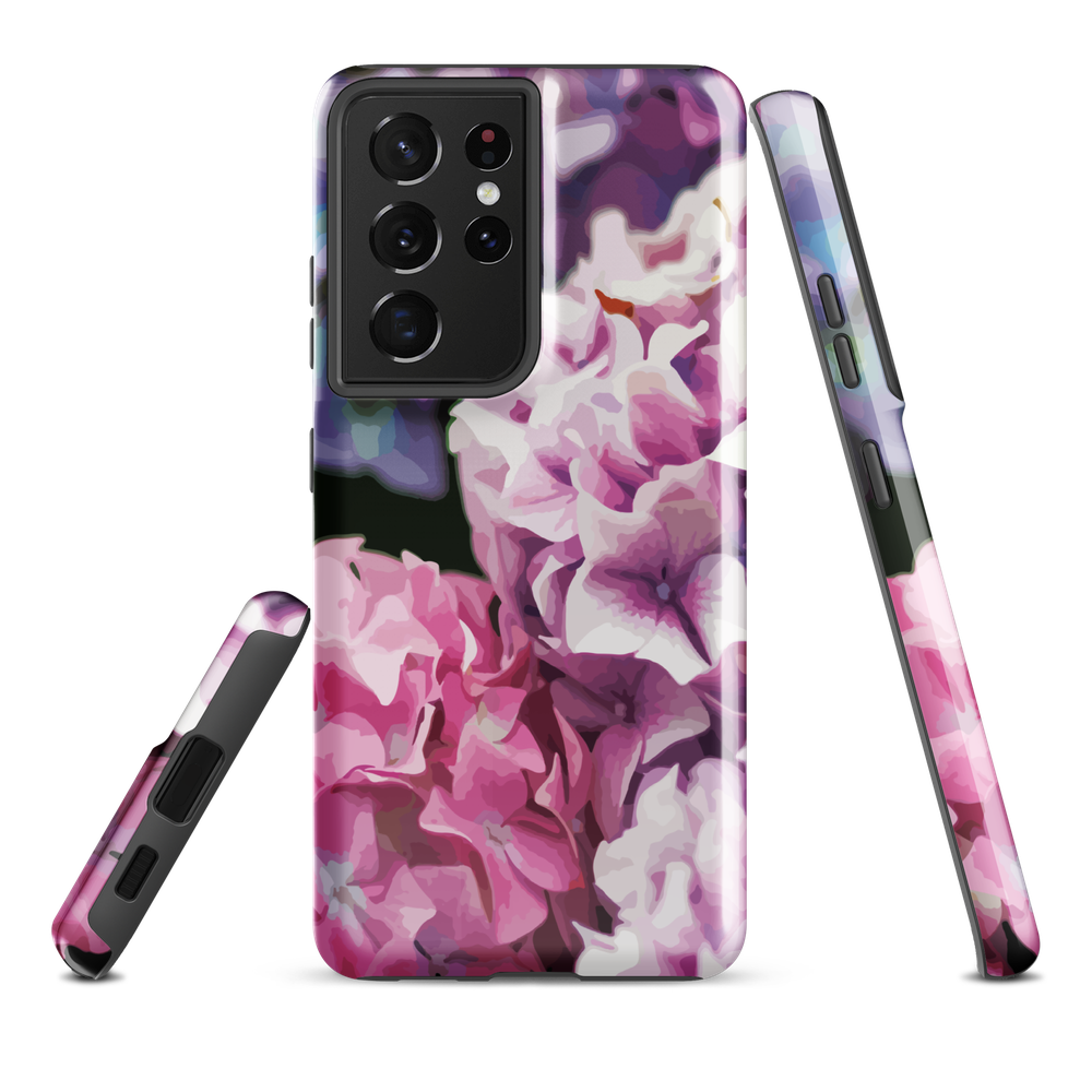 Designer phone case with pink and purple hydrangea floral artwork.