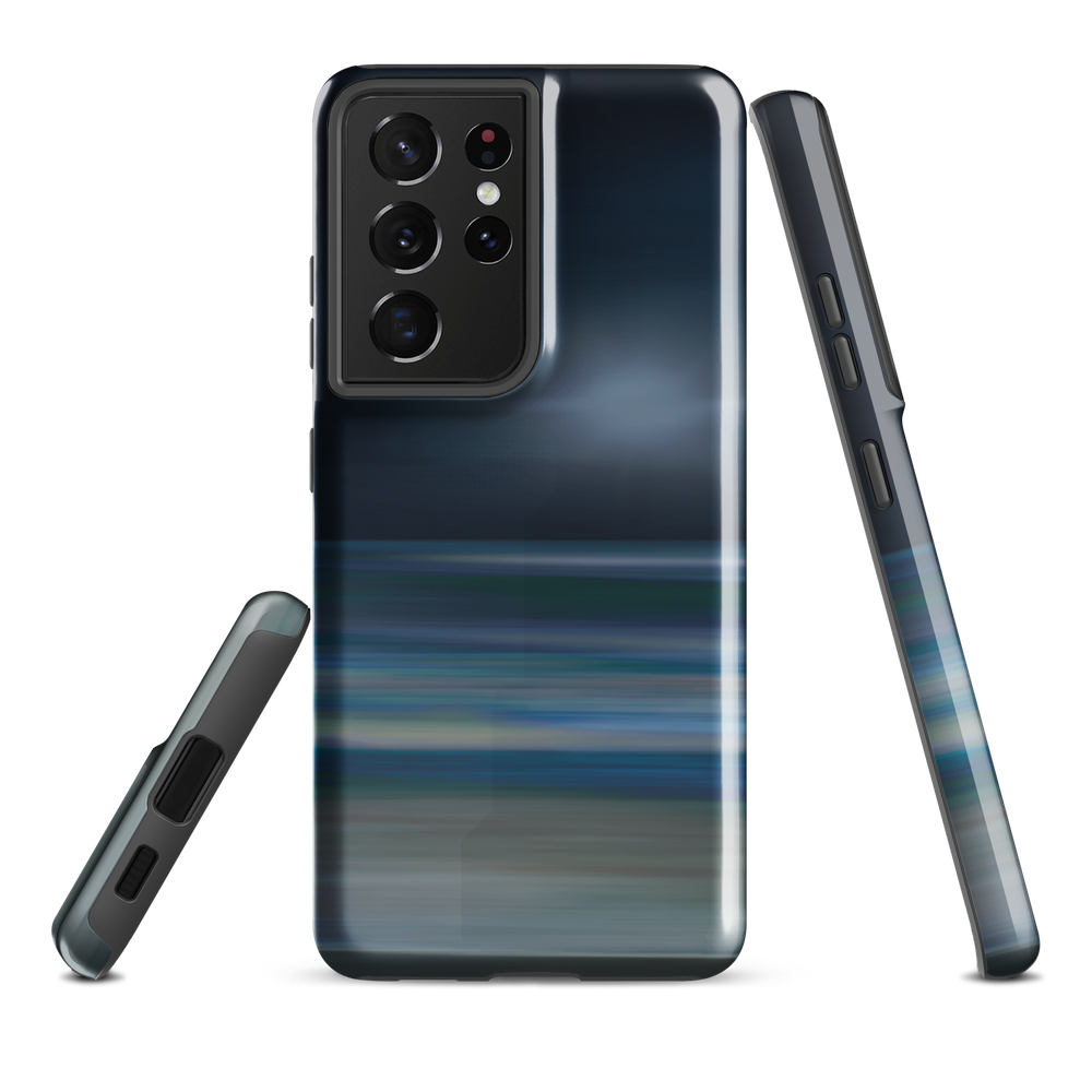 Dark abstract phone case with blue and grey streaks and glossy finish.