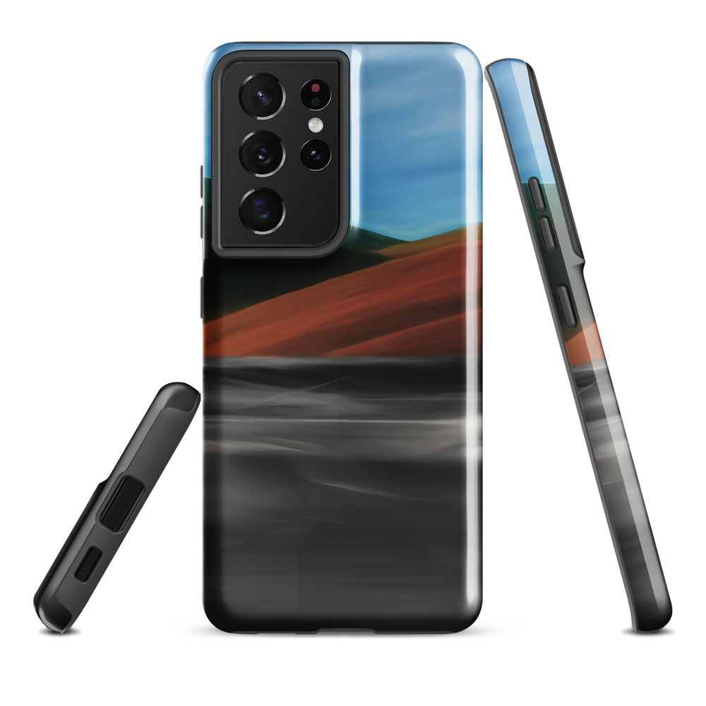Phone case with abstract red, green, and blue heat wave landscape design.