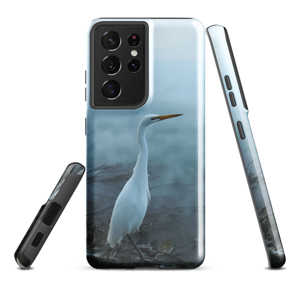 Phone case with a white heron standing in a misty wetland scene.