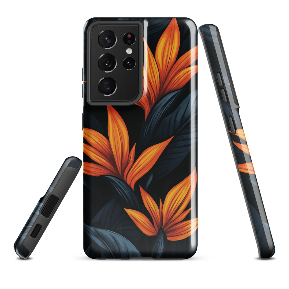 Phone case with bold orange bird of paradise flowers on dark background.