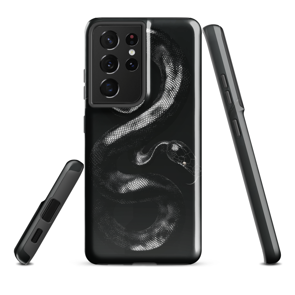 Phone case with detailed black python design on dark background.